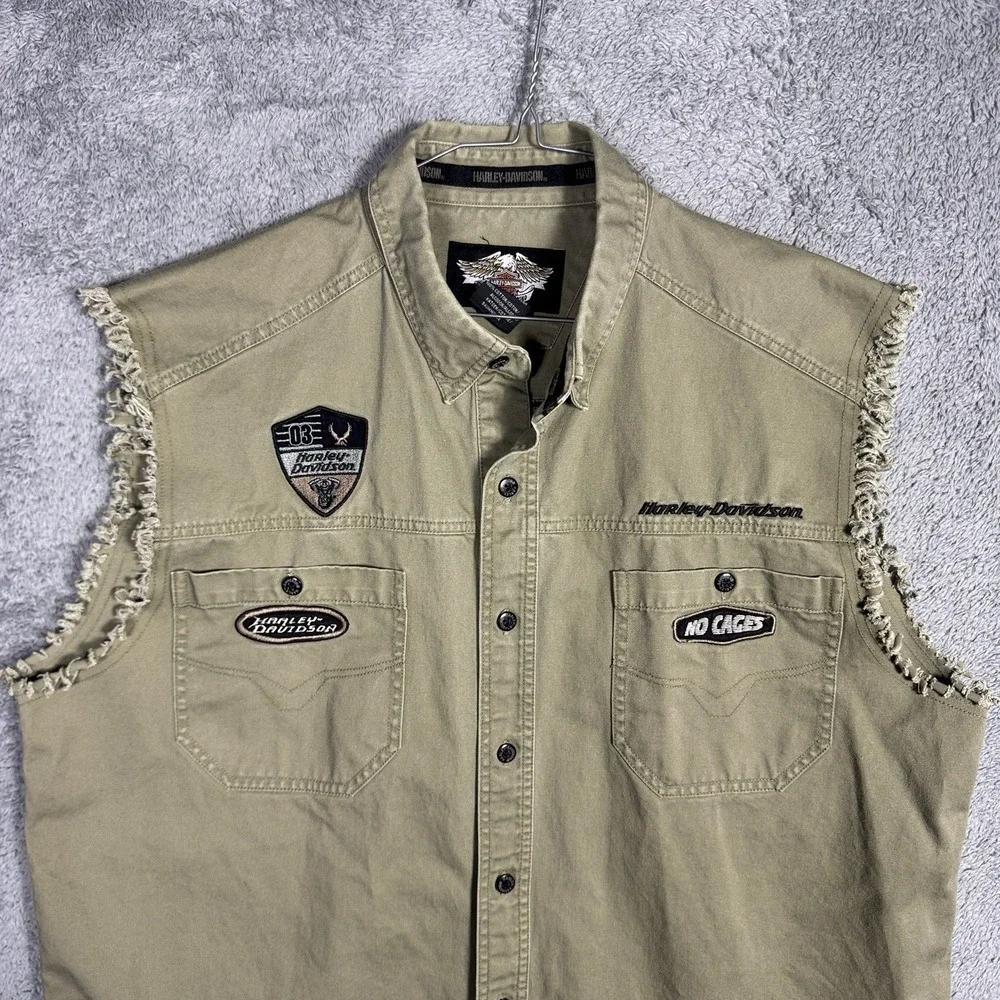 Harley Davidson Vest Men XL Green No Cages Patches Embroidered Cut Off Riding